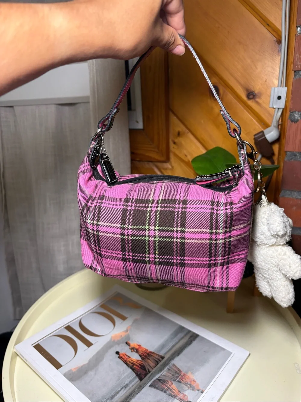 Coach Pink Plaid Mini Shoulder Bag with Teddy Charm